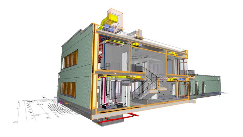 3D-Ansicht eines zweigeschossigen Gebäudes im Querschnitt (BIM-Modell), das Tragstruktur, Innenräume, Treppenhaus sowie Haustechnik-Komponenten wie Lüftungskanäle, Heizungs- und Sanitärleitungen und Elektroinstallationen zeigt. Teilweise transparente Außenwände und eingezeichnete Grundrisse machen die Planung und Leitungsführung sichtbar.