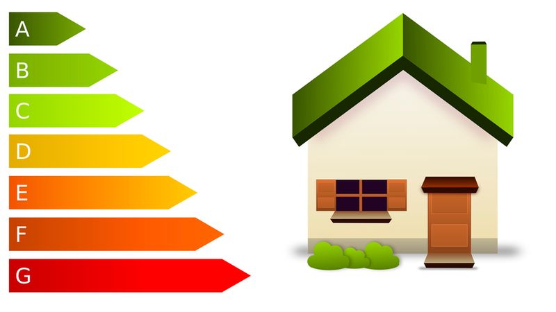 Farbenfrohe Illustration eines Hauses neben einer Energieeffizienzskala von A (grün) bis G (rot). Das Hauptmotiv ist ein stilisiertes Haus mit grünem Dach, Fenster, Tür und Sträuchern, das die Energieeffizienz-Bewertung visualisiert.