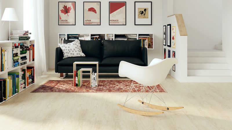 Ein modernes Wohnzimmer mit einem schwarzen Sofa, umgeben von Bücherregalen und dekorativen Postern an der Wand.