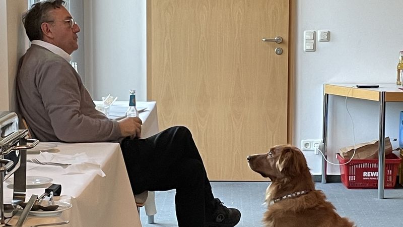 Ein Mann sitzt an einem Tisch und schaut auf einen Hund, der aufmerksam vor ihm sitzt.