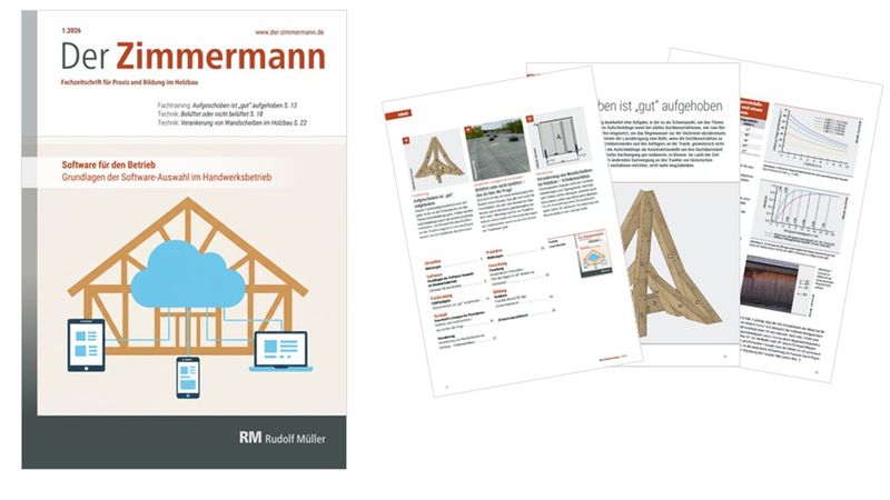 Das Bild zeigt die Fachzeitschrift "Der Zimmermann" mit dem Hauptmotiv eines Holzrahmens und digitalen Geräten auf dem Cover sowie mehreren aufgeschlagenen Seiten.