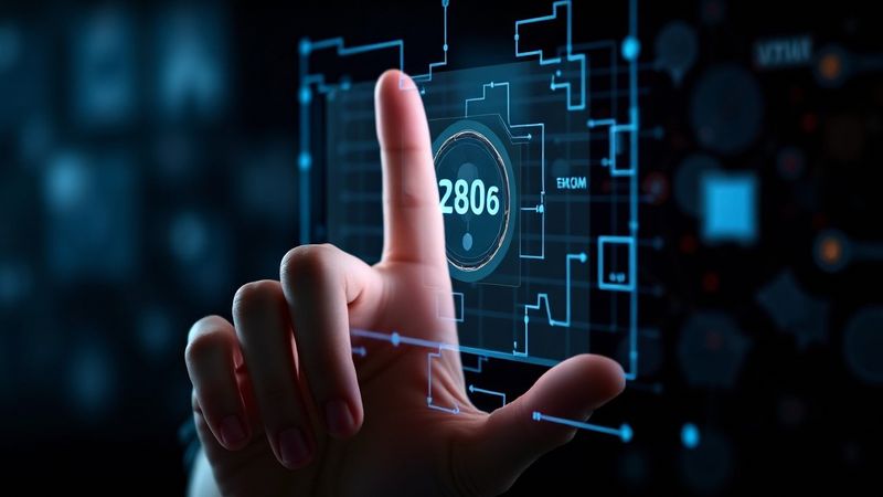 Ein Finger, der einen digitalen Touchscreen mit futuristischer Benutzeroberfläche berührt.