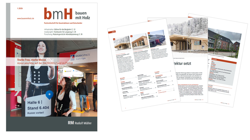 Das Bild zeigt das Cover der Fachzeitschrift "Bauen mit Holz" mit einer Frau auf der DACH+HOLZ Messe.