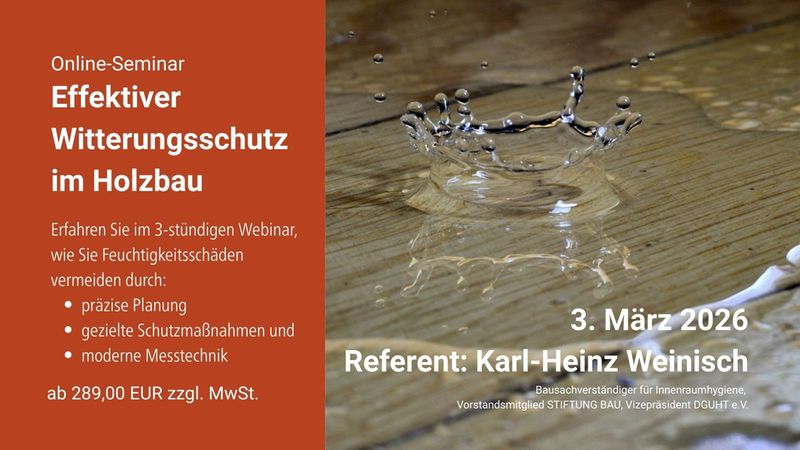 Ein Online-Seminar über effektiven Witterungsschutz im Holzbau, das präzise Planung, gezielte Schutzmaßnahmen und moderne Messtechnik behandelt.