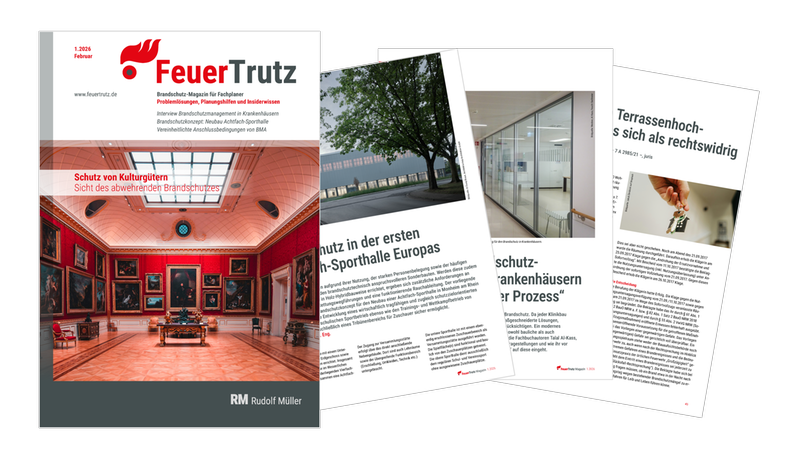 Das Bild zeigt das Cover des FeuerTrutz Magazins und mehrere Artikel, die sich mit dem Thema Brandschutz befassen.
