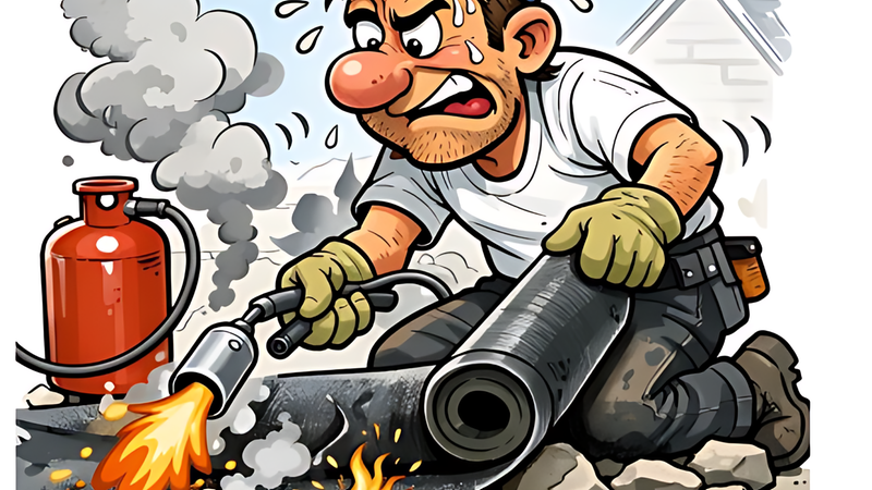 Eine Karikatur eines Dachdeckers, der mit einem Brenner auf einer unebenen Oberfläche arbeitet und dabei schwitzt.