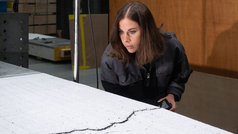 Eine Frau in Arbeitskleidung untersucht einen Riss in einer Betonplatte.