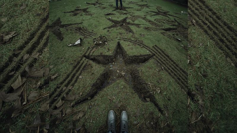 Ein Rasen mit in den Boden gegrabenen Sternmustern, umgeben von Herbstblättern.