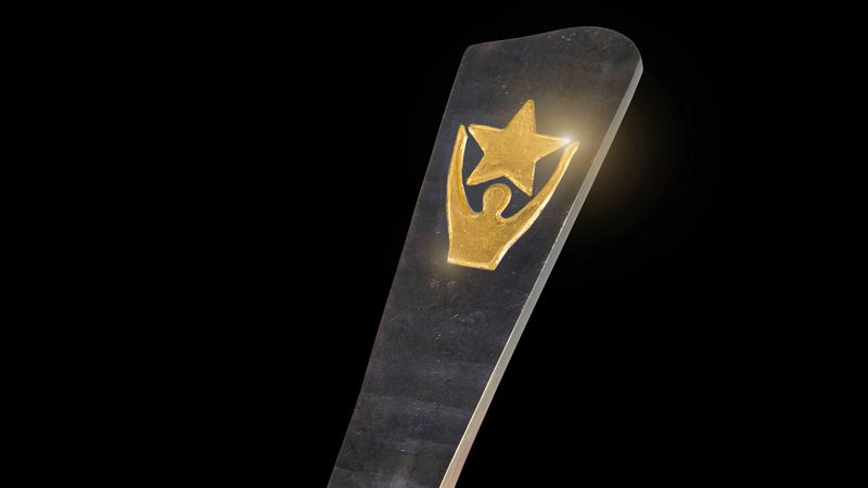 Die Trophäe des Deutschen Medienpreises mit einem goldenen Stern und einer Figur auf schwarzem Hintergrund.