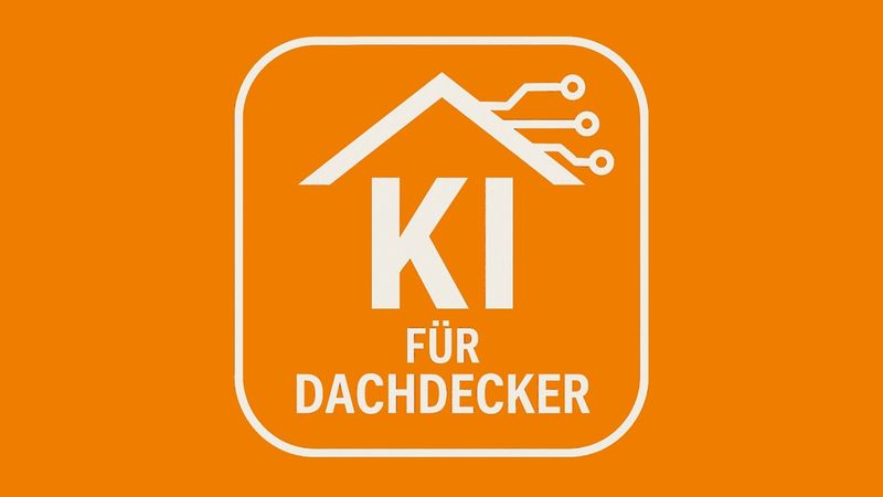 Ein Logo mit der Aufschrift "KI für Dachdecker" auf orangem Hintergrund, das ein Dachsymbol und Schaltkreise zeigt.