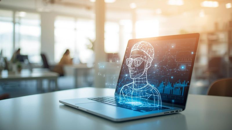 Ein Laptop auf einem Tisch in einem modernen Büro zeigt eine holographische Darstellung eines menschlichen Gesichts mit Brille.