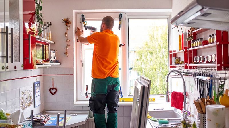 Ein Handwerker installiert ein Fenster in einer Küche. Er trägt ein orangefarbenes T-Shirt und grüne Arbeitshosen.