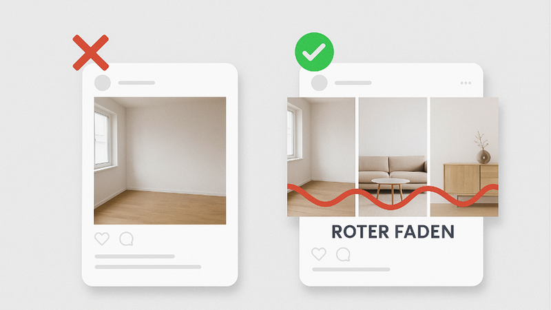 Ein Vergleich von zwei Innenarchitektur-Designs: links ein leeres Zimmer, rechts ein stilvoll eingerichteter Raum mit rotem Faden als Designelement.