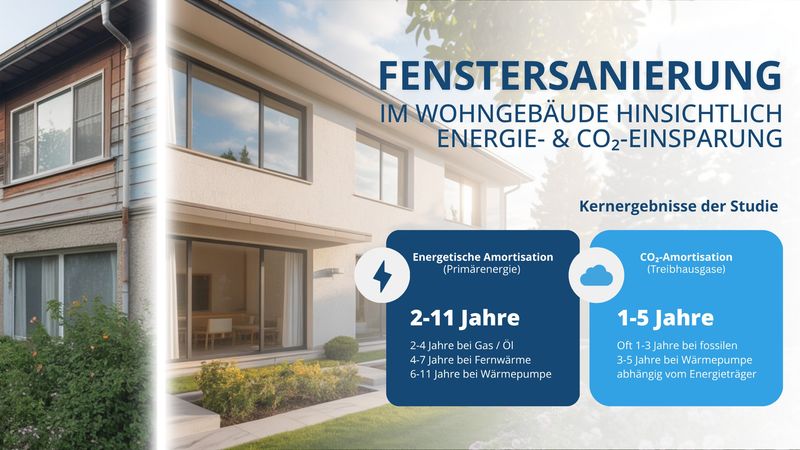 Vergleich eines älteren und eines sanierten Wohngebäudes zur Darstellung der Energie- und CO₂-Einsparung durch Fenstersanierung.