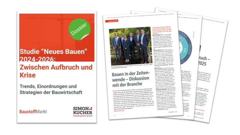 Das Bild zeigt die Titelseite und mehrere Seiten der Studie "Neues Bauen 2024-2026: Zwischen Aufbruch und Krise", die Trends und Strategien der Bauwirtschaft behandelt.