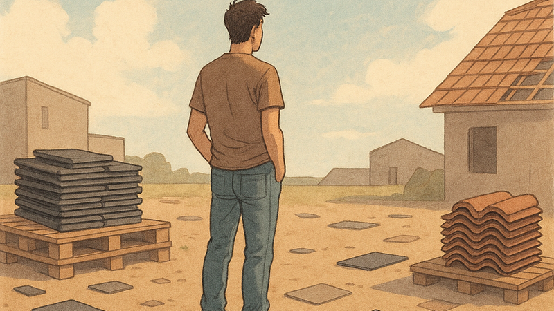 Ein Mann steht auf einer Baustelle, umgeben von gestapelten Dachziegeln und Baumaterialien.