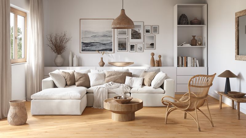 Ein modernes Wohnzimmer mit heller Einrichtung, einem großen Sofa, Holzmöbeln und dekorativen Elementen an der Wand.