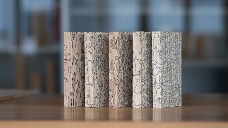 Ein Stapel von Holzstücken mit einzigartiger Maserung steht auf einem Tisch in einem unscharfen Hintergrund.