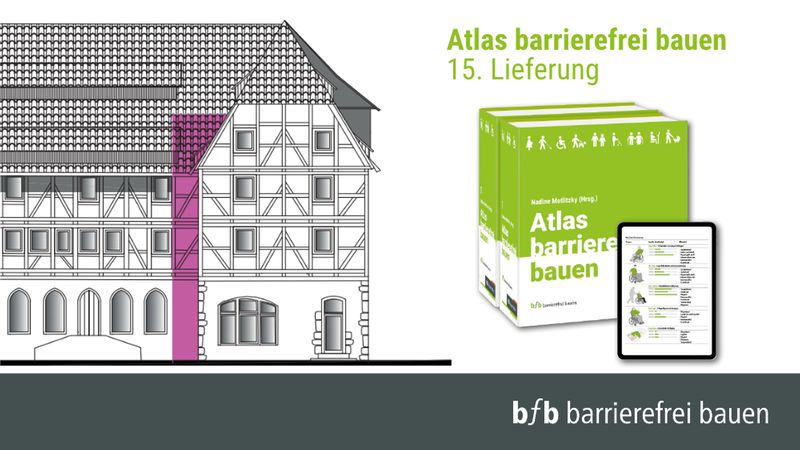 Illustration eines Fachwerkhauses mit hervorgehobener barrierefreier Zugangszone und Abbildung des Buches "Atlas barrierefrei bauen".