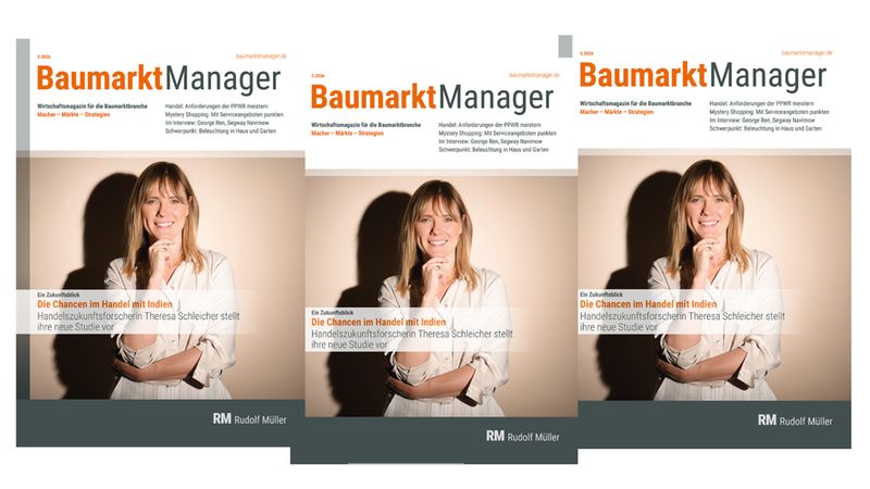 Das Cover des BaumarktManager Magazins zeigt eine Handelszukunftsforscherin, die ihre neue Studie vorstellt.