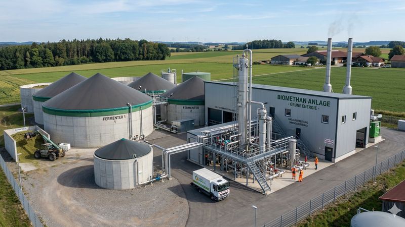 Eine moderne Biogasanlage inmitten einer ländlichen Landschaft mit mehreren Fermentern und einem Hauptgebäude.