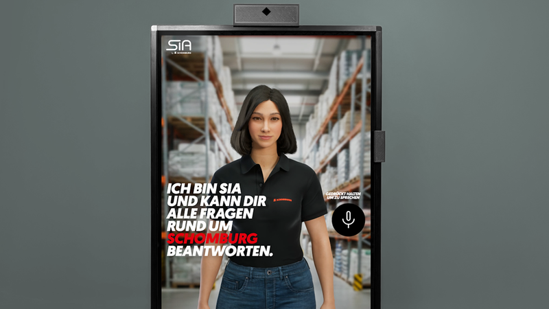 Ein digitaler Assistent auf einem Bildschirm in einem Lager, der Fragen zu Schomburg beantwortet.