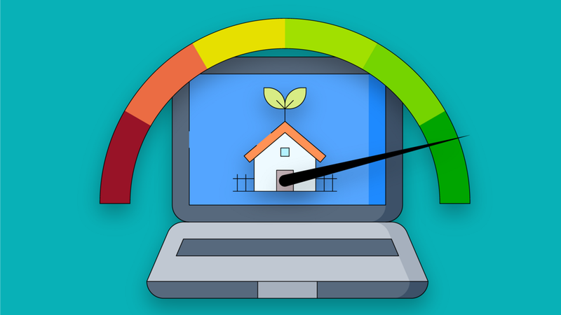 Illustration eines Laptops mit einem Haus auf dem Bildschirm und einem Energieeffizienz-Messgerät darüber.
