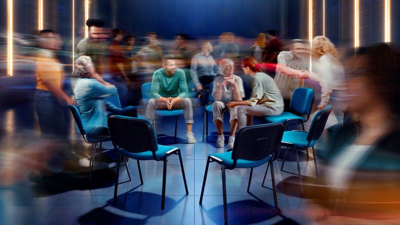 Eine Gruppe von Menschen sitzt in einem Stuhlkreis und diskutiert in einem modernen Raum.