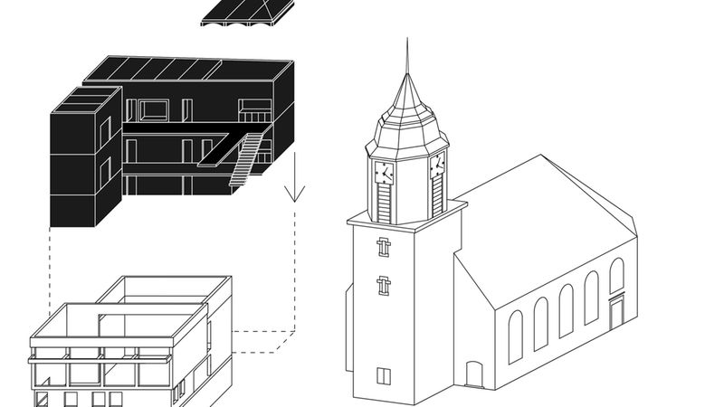 Illustration einer modernen Architektur mit einem Gebäude im Bau und einer traditionellen Kirche.