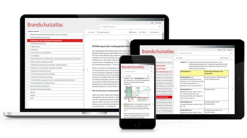 Der Brandschutzatlas wird auf einem Laptop, Tablet und Smartphone angezeigt, die nebeneinander stehen.