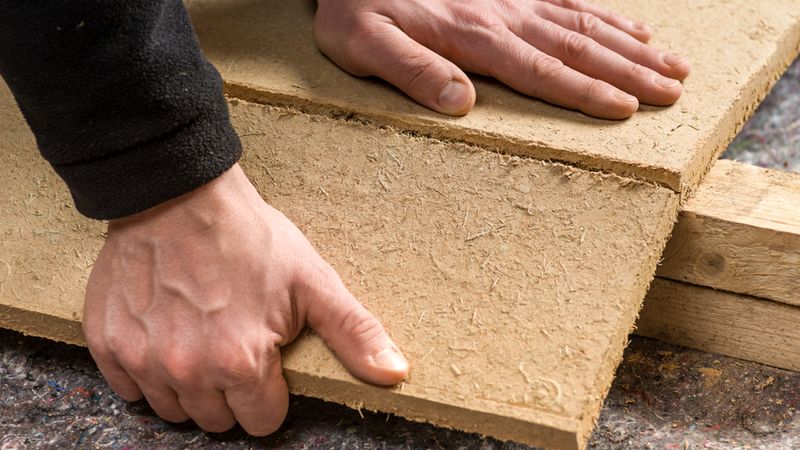 Detailansicht: Die Hand eines Handwerkers bricht eine zuvor mit dem Cutter geschnittene Lehmbauplatte auseinander.