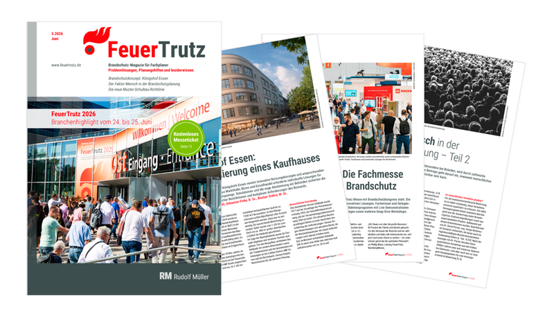 Das Bild zeigt das Cover und die Innenseiten des FeuerTrutz Magazins, das sich auf Brandschutzlösungen spezialisiert hat.