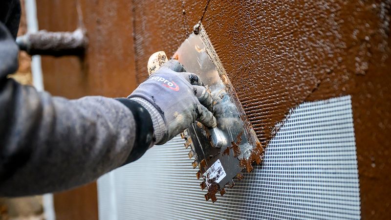 Ein Handwerker trägt mit einer Kelle Putz auf eine Wand auf.