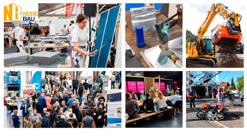 Eine lebhafte Szene auf der NordBau Messe mit Handwerkern bei der Arbeit und modernen Baumaschinen in Aktion.