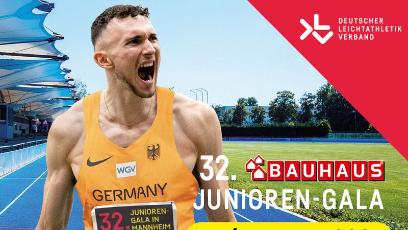 Ein Athlet im gelben Trikot jubelt auf einer Laufbahn bei der 32. Bauhaus Junioren-Gala in Mannheim.
