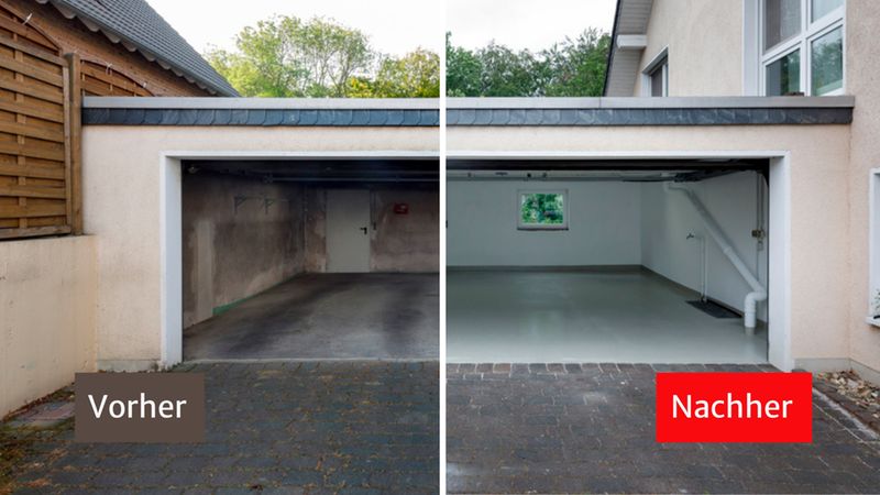 Vorher-Nachher-Bild einer Garage: links ungepflegter, unbeschichteter Garageninnenraum, rechts frisch renovierte Garage mit glatter, heller Bodenbeschichtung, weißen Wänden, sichtbarer Rohrinstallation und kleinem Fenster.