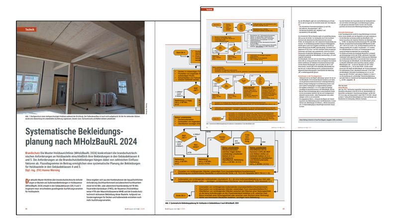 Artikel über die systematische Bekleidungsplanung nach der Muster-Holzbau-Richtlinie 2024 mit Diagrammen und Text.