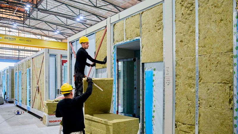 Zwei Bauarbeiter mit Schutzhelmen montieren Mineralwolle-Dämmplatten in vorgefertigten Modulwänden innerhalb einer Produktionshalle; das Hauptmotiv ist der Einbau der Dämmung in den Modulbau.