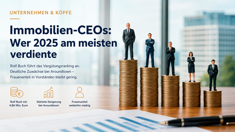 Grafische Darstellung mehrerer Führungskräfte als Miniaturfiguren auf unterschiedlich hohen Münzstapeln, die die Vergütungen von Immobilien-CEOs im Jahr 2025 visualisieren. Links im Bild ist die Headline "Immobilien-CEOs: Wer 2025 am meisten verdiente" zu sehen, im Vordergrund liegen Dokumente und ein Stift, im Hintergrund ein unscharfes Bürogebäude. Die Illustration thematisiert Gehaltsunterschiede und einen weiterhin geringen Frauenanteil in Vorständen.
