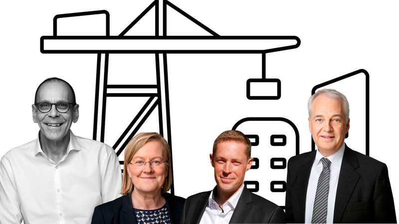 Vier Erwachsene (drei Männer, eine Frau) in formeller Kleidung stehen vor einer schwarz-weißen, stilisierten Kran- und Gebäude-Illustration. Das Bild vermittelt ein Business- oder Bauprojekt-Thema mit Fokus auf Team, Führung und Infrastruktur im urbanen Kontext.
