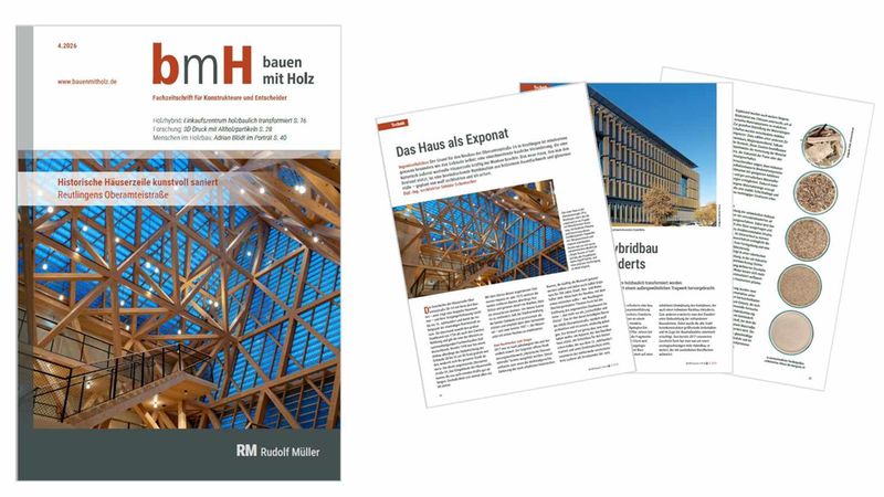 Fotomontage eines Fachmagazins zum Thema Holzbau: links die Titelseite der Zeitschrift "bauen mit Holz" mit großformatiger Aufnahme eines sichtbaren Holztragwerks, rechts aufgelegte Innenseiten mit Artikeln, Gebäudeaufnahmen und Materialproben. Das Bild illustriert eine Fachpublikation über Architektur, konstruktiven Holzbau und Holzwerkstoffe.