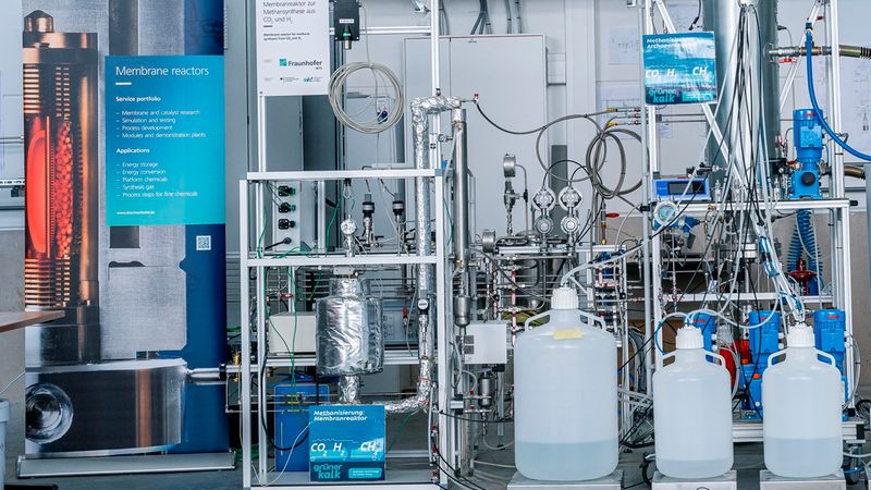 Foto eines technischen Laboraufbaus mit einem Membranreaktor als Hauptmotiv.