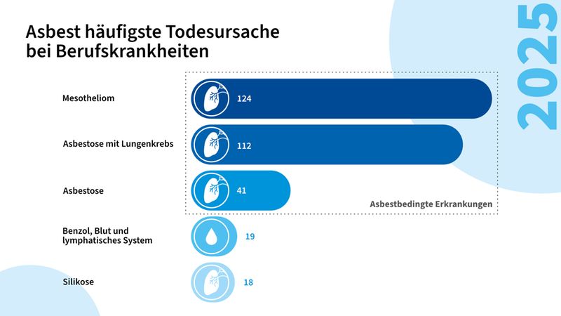 Infografik zur Asbestgefährdung: Balkendiagramm zeigt asbestbedingte Erkrankungen und Todesfälle 2025 mit führenden Ursachen wie Mesotheliom (124), Asbestose mit Lungenkrebs (112), Asbestose (41) sowie Benzol-bedingte Erkrankungen und Silikose. Fokus auf Asbest als wichtigste Todesursache bei Berufskrankheiten.