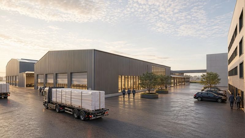 Weitläufiges Logistikzentrum als Hauptmotiv mit mehreren modernen Lagerhallen und einem Sattelzug (LKW) beim Be- oder Entladen. Nasser Asphalt spiegelt das warme Morgenlicht, große Toröffnungen und Glasfassaden sind sichtbar, zudem bewegen sich mehrere Personen zwischen den Gebäuden. Szene eignet sich für Themen wie Transport, Logistik und industrielle Infrastruktur.
