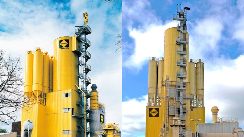 Ein Vergleichsbild, das die gelben Siloanlagen der SAKRET-Werke an den Standorten Rüdersdorf und Henstedt-Ulzburg zeigt, inklusive der markanten Industrie-Architektur und Firmenbranding.