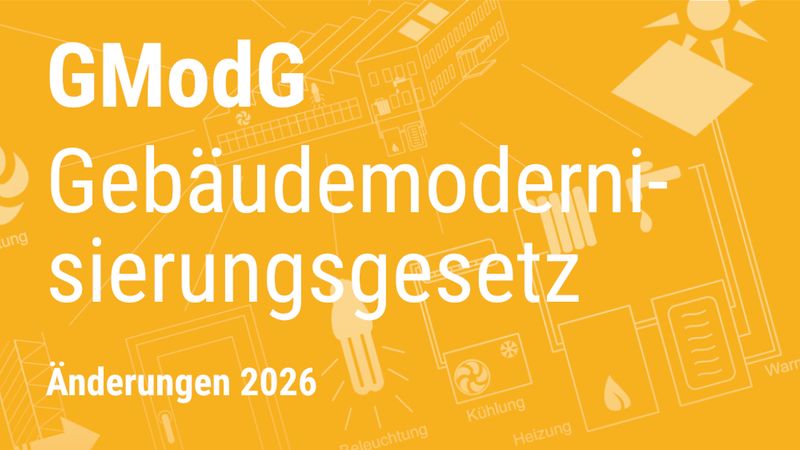 Eine informative Grafik zum Gebäudemodernisierungsgesetz (GModG) mit dem Fokus auf die Änderungen 2026. Das Design zeigt stilisierte Icons für energetische Gebäudetechnik wie Heizung, Kühlung, Solarenergie und Beleuchtung vor einem gelben Hintergrund.