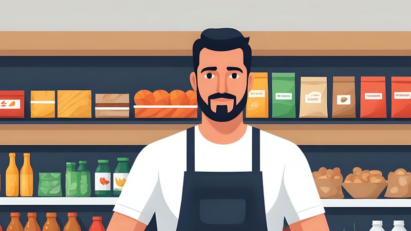 Ein freundlicher Supermarkt-Mitarbeiter mit Bart und schwarzer Schürze schiebt einen Einkaufswagen, der mit frischem Obst und Gemüse gefüllt ist, vor Regalen voller Lebensmittel.