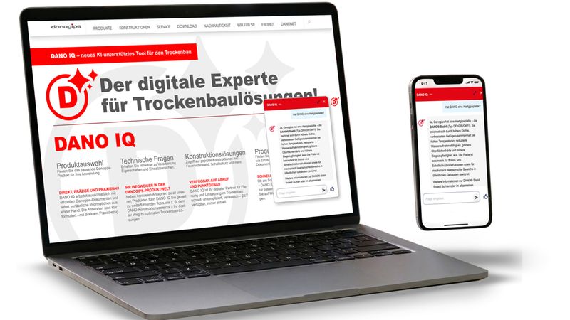 Ein Laptop und ein Smartphone zeigen die Webseite und die Chat-Funktion des digitalen KI-Tools DANO IQ für den modernen Trockenbau.