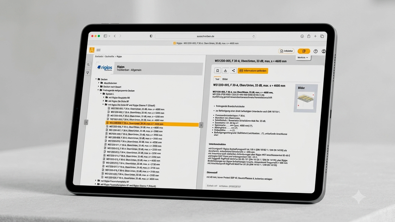 Ein Tablet, das auf einer neutralen Oberfläche steht und auf dem eine Webseite mit einem Rigips-Ausschreibungstext für Brandschutzdecken angezeigt wird.