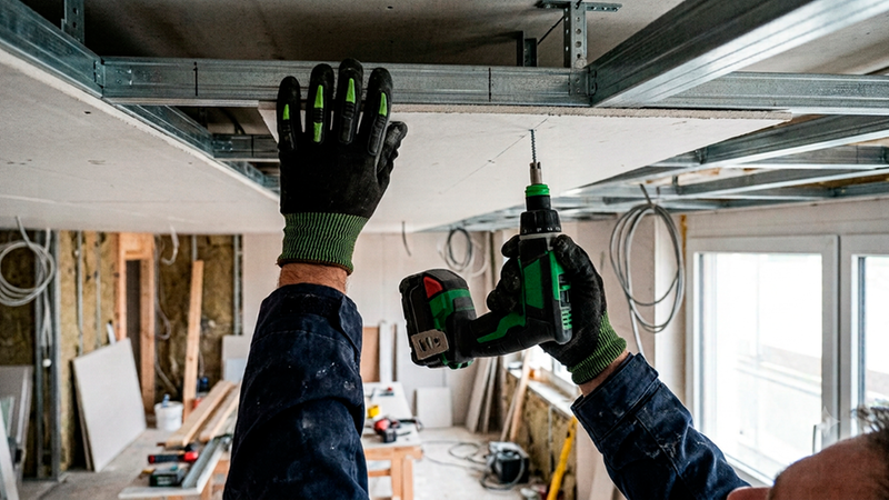 Ein Handwerker in Arbeitskleidung und Schutzhandschuhen montiert mit einem Akkuschrauber eine Gipskartonplatte.